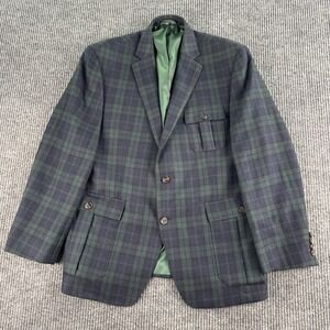 Vintage Izod Sport Coat 42 R Blue Green Wool Blackwatch Plaid Windowpane Tartan
